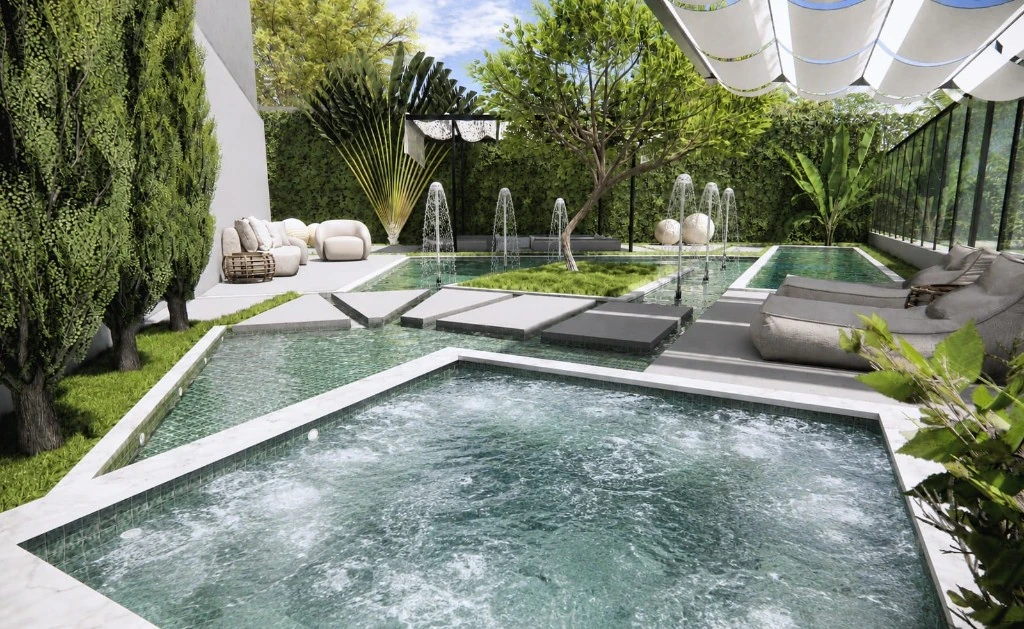 Área de lazer com piscina, spa e paisagismo em residência de alto padrão